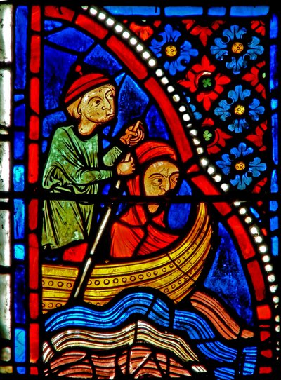 Finestra w21 raffigurante Santa Maria Egiziaca attraversa il fiume e inizia la penitenza da French School