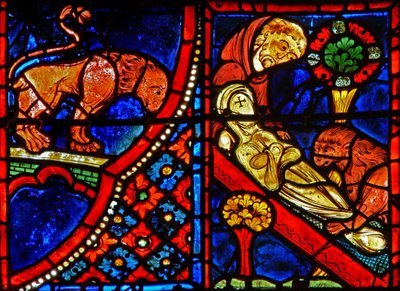 Finestra w21 raffigurante un leone aiuta Zosimo a seppellire Santa Maria Egiziaca da French School
