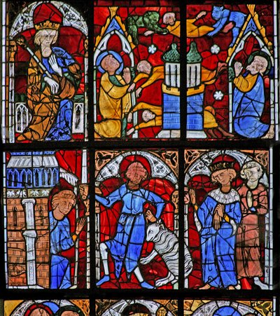 Finestra w221 raffigurante una scena della vita di San Pietro: Simon Mago cerca di volare; si trasforma in una pecora da French School