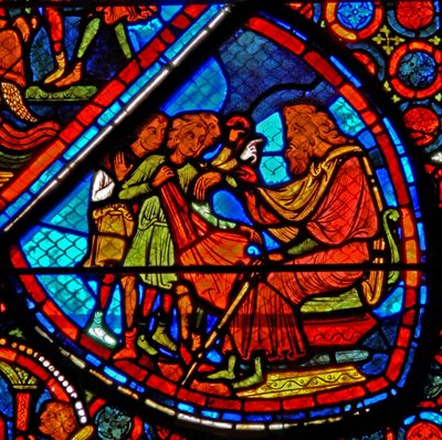 Finestra w24 raffigurante una scena della storia di Giuseppe: i suoi fratelli con il loro padre Giacobbe da French School