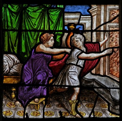 Finestra w25 raffigurante una scena della storia di Giuseppe: con la moglie di Potifar da French School