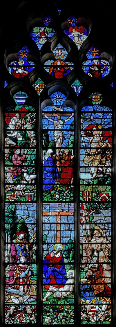 Crocifissione con San Uberto e San Cristoforo; sotto il donatore Louis de Roncherolles e la moglie Françoise de Halluin con San Luigi e San Francesco da French School