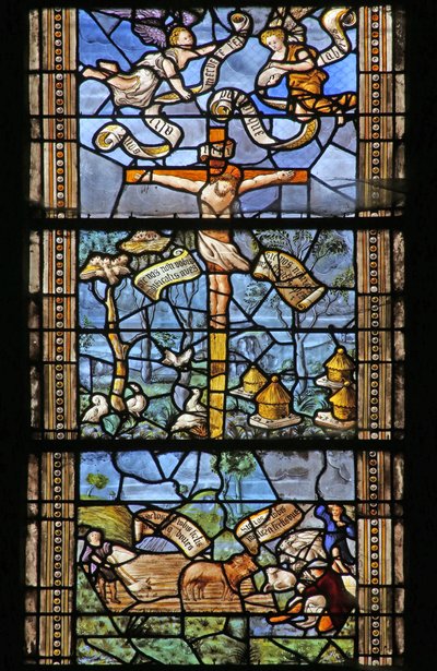 Cristo sulla croce circondato da scene di campagna ispirate a Virgilio. Finestra donata da Thomas Mangin da French School