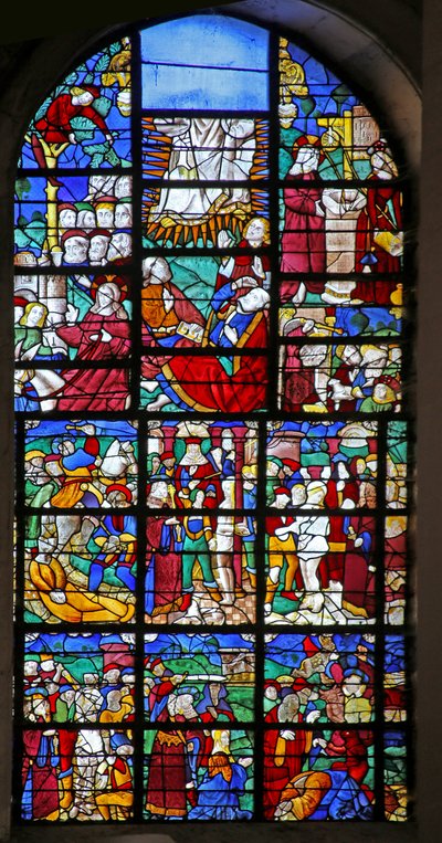 Finestra w27 raffigurante Scene della vita di Santa Barbara, della Passione e della Trasfigurazione da French School