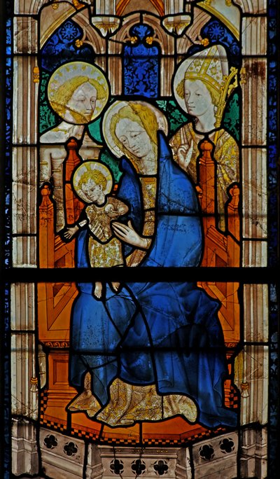 Finestra w27 raffigurante la Vergine e il Bambino con San Sebastiano e un santo vescovo da French School