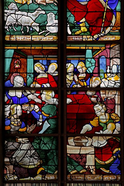 Finestra w2 raffigurante una scena della Vita della Vergine Maria: la sua nascita con numerose persone, levatrici ecc. da French School