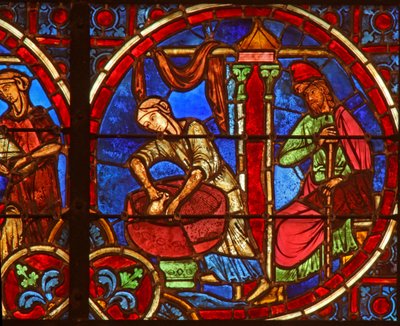 Finestra w2 raffigurante la Natività con levatrici da French School