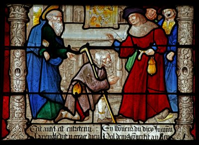 Finestra w31 raffigurante una scena della vita di San Dionigi: guarisce un uomo cieco? da French School