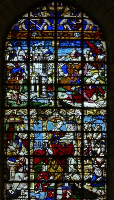 Vetrata w37 raffigurante scene della vita di Santa Barbara da French School
