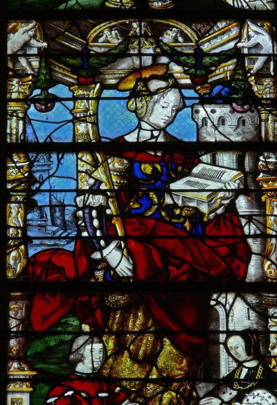 Vetrata w37 raffigurante scene della vita di Santa Barbara da French School