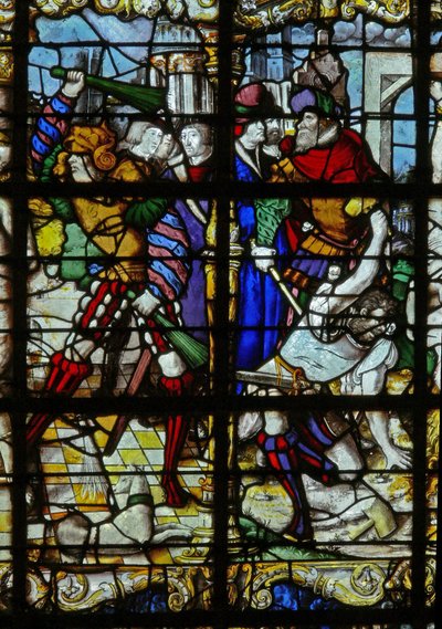 Vetrata w37 raffigurante scene della vita di Santa Barbara da French School