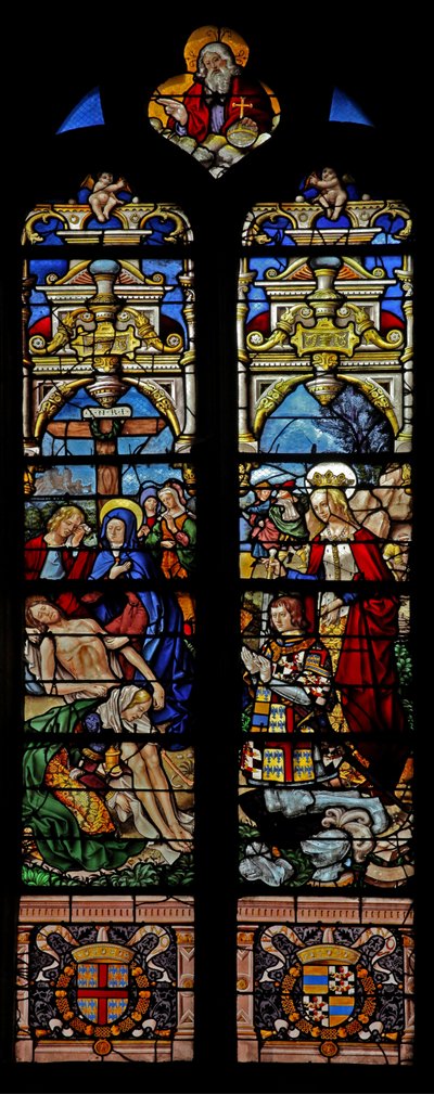 Finestra w4 raffigurante la Discesa dalla Croce con il donatore François de Montmorency e Santa Françoise da French School