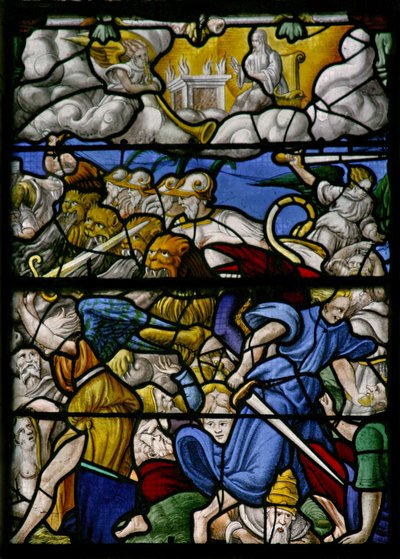 Scene dal Libro della Rivelazione di San Giovanni: cavalli con teste di leoni, fumo e zolfo dalle loro bocche da French School