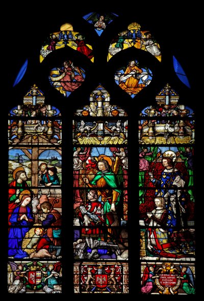 Finestra w6 raffigurante la Natività con i pastori; donatori Gaspard de Coligny e moglie e santi patroni da French School