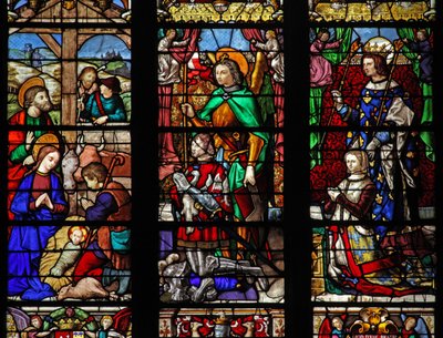 Finestra w6 raffigurante la Natività con i pastori; donatori e santi patroni da French School