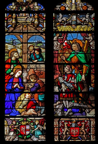 Finestra w6 raffigurante la Natività con i pastori; i donatori osservano da French School