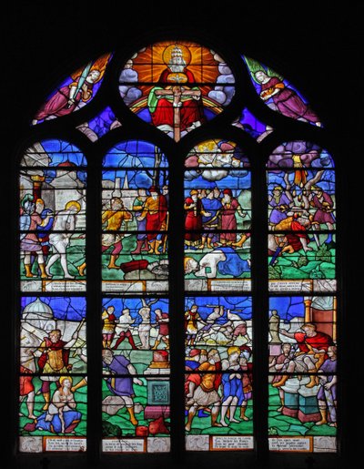 Finestra w7 che raffigura scene della vita di Santa Barbara da French School