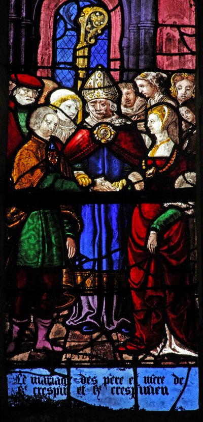 Finestra w9 raffigurante scene dalle vite di San Crispino e San Crispiniano da French School