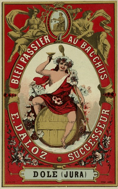 Etichetta del vino raffigurante Bacco da French School