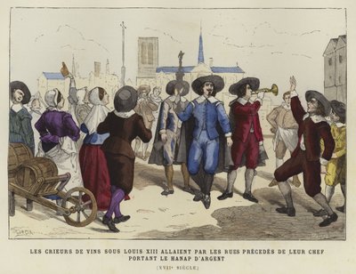 Venditori di vino che passano per le strade dietro il loro capo, portando il calice d