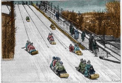 Giochi e sport invernali: la discesa del Tobogan, montagne russe nel Parco di Montreal, Canada. Incisione in "La Nature. Revue des sciences et de ses applications aux arts et à l