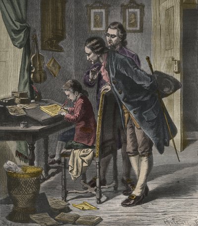 Wolfgang Amadeus Mozart che scrive un concerto alla presenza di suo padre, Leopold, illustrazione da 