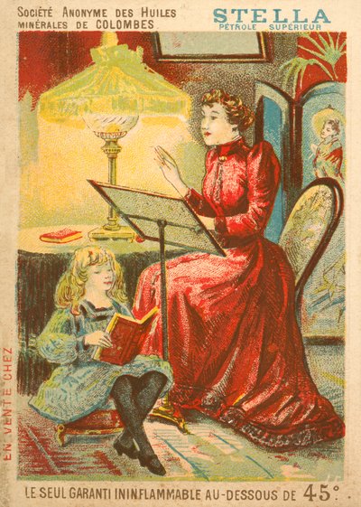 Donna e bambino che leggono alla luce di una lampada a olio da French School