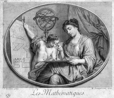 Donna e bambino con compasso e figure (allegoria della matematica) - incisione da French School