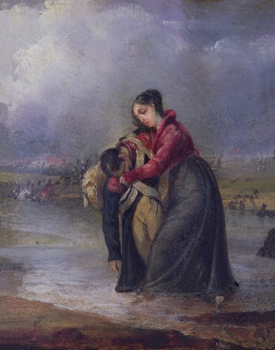 Donna che trasporta un soldato ferito durante le guerre napoleoniche da French School