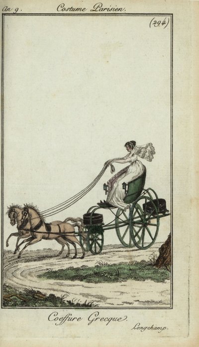 Donna con acconciatura greca che guida una carrozza a Longchamp da French School