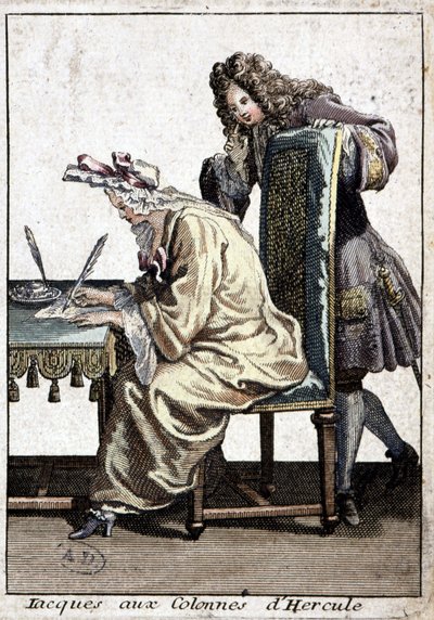 Donna in camicia e cuffia da notte che scrive una lettera con un uomo, n.d. c. 1715 da French School