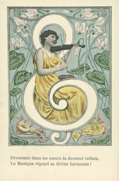 Donna in una chiave di violino (litografia a colori) da French School