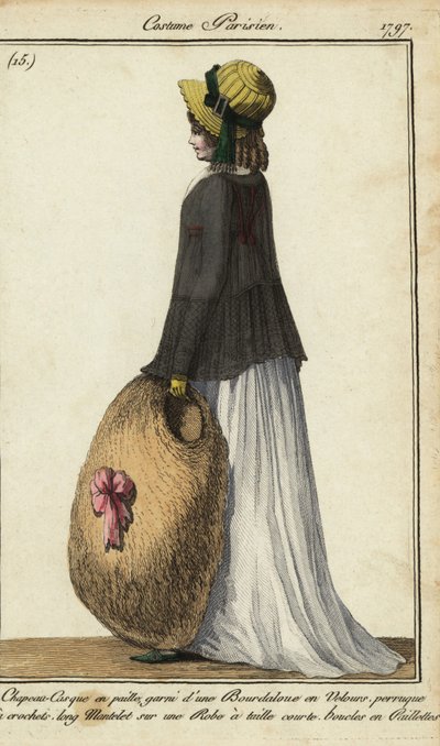 Donna con cappello di paglia e mantello nero da French School