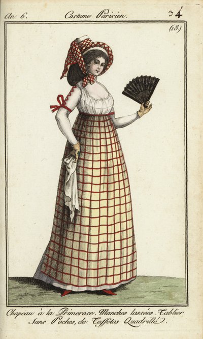 Donna con cappello Primerose alla moda del 1798 (incisione a mano colorata su rame) da French School