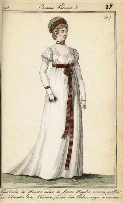 Donna alla moda del 1798 con capelli corti sotto una ghirlanda da French School
