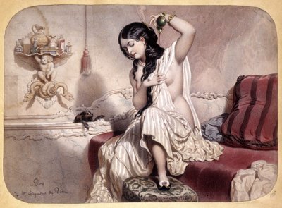 Donna che si profuma dopo il bagno - litografia, ca. 1860 da French School