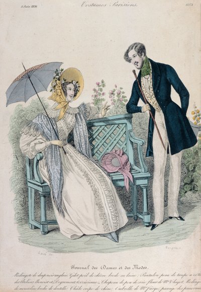 Donna con ombrello e uomo in redingote in un giardino, tavola di moda da Journal des Dames et des Modes, 5 giugno, 1836 da French School