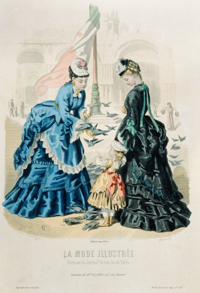Donne e un bambino che nutrono i piccioni, da La Mode Illustrée, 1872 da French School
