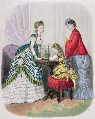 Donne e un bambino che guardano un acquario, da La Mode Illustrée, c.1870 da French School