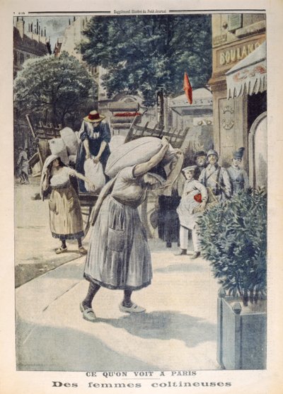 Donne che trasportano sacchi di farina durante la Prima Guerra Mondiale a Parigi, illustrazione da Le Petit Journal, 8 luglio 1917 da French School