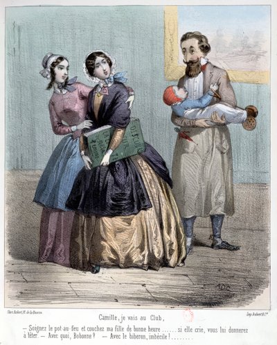 Donne che lasciano i mariti a badare ai bambini mentre vanno al loro club, 1848 da French School