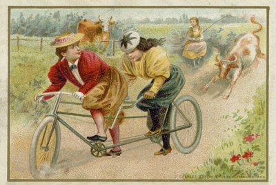 Donne che pedalano in tandem da French School