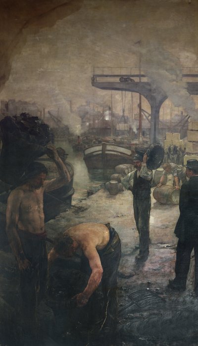 Lavoratori che scaricano carbone da una chiatta, inizio XX secolo da French School