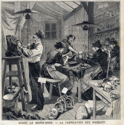 Laboratorio per la fabbricazione di maschere per i travestimenti del Carnevale. da French School