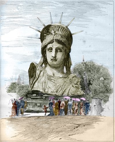 Esposizione Universale del 1878 a Parigi: la testa della Statua della Libertà di Frederic Auguste Bartholdi (1834-1904). Incisione di Edgard Morin in "The Illustrous World" n°1111 del 13 luglio 1878. da French School