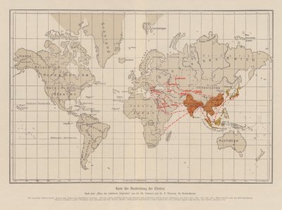 Mappa del mondo che mostra la diffusione del colera da French School