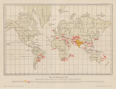 Mappa del mondo che mostra la diffusione della peste da French School