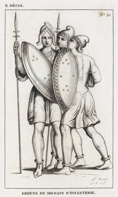 X secolo, gruppo di soldati di fanteria (incisione) da French School