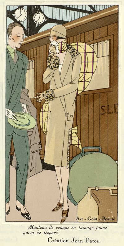 Cappotto da viaggio in lana gialla con finiture leopardate, da Art-Gout-Beaute, pub.1920 (stampa pochoir) da French School