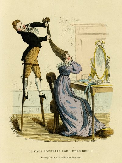 Bisogna soffrire per essere belli, disegno satirico in cui un parrucchiere sale su uno sgabello per preparare l